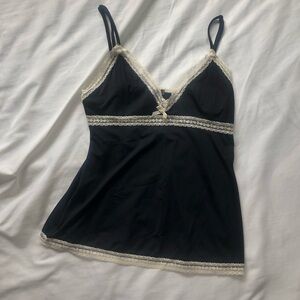 Black Lace-Trim Satin Cami Top - Ivory Trim